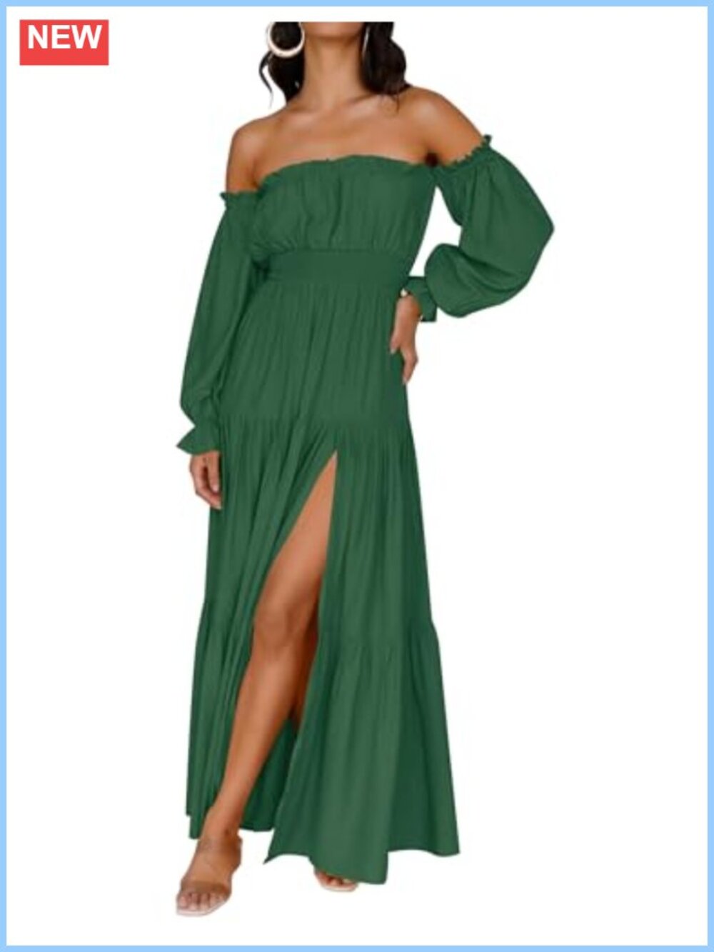 Womens Boho Off Shoulder Long Sleeve Maxi Dress High Split Ruffle Hem